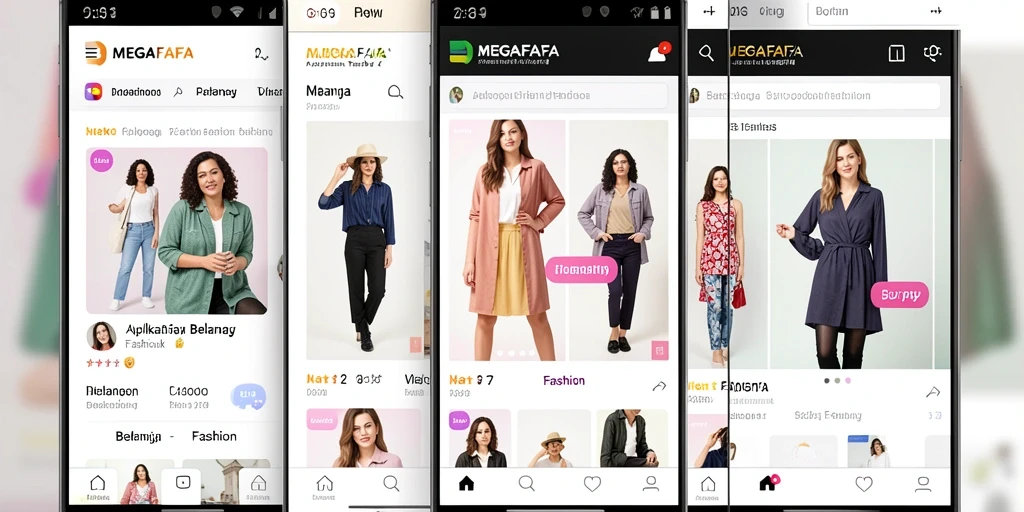 Tampilan utama aplikasi MEGAFAFA dengan kategori fashion yang menarik.